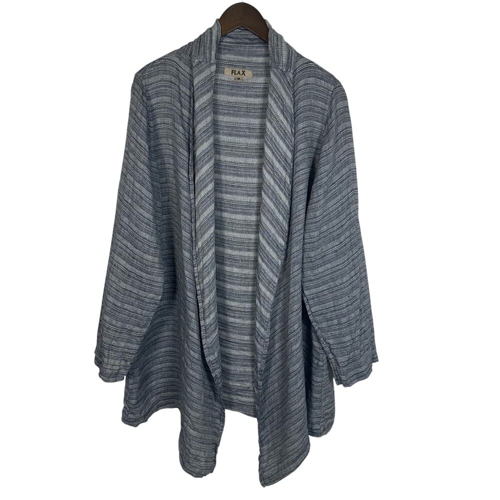 Flax Linen Women's M Zen Duster Jacket Navy Blue Stripe Oversized Lagenlook Boho